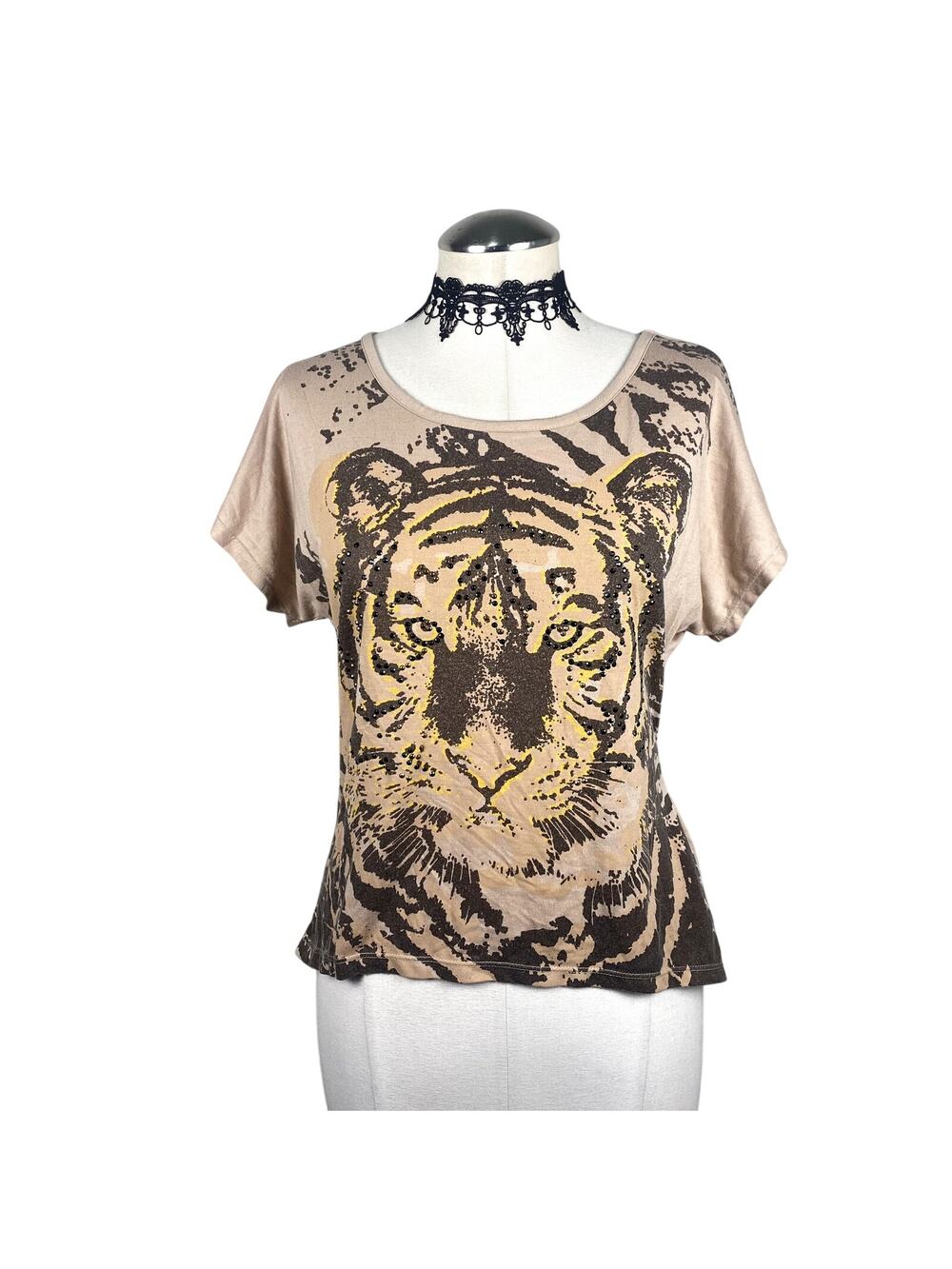 Vtg Y2K Almost Famous Rhinestone Tiger Dolman Sleeve Fitted Baby Tee Mcbling M